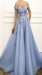 Charming Blue Evening Dresses ALine Off The Shoulder Flowers Appliques Dubai Saudi Arabic Long pageant Gown Prom Dress7869565