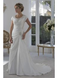 Dresses Vintage Satin Aline Modest Wedding Dresses With Cap Sleeves Beaded Neckline Pleated Bodice Buttons Back Brides Reception Dresses