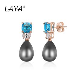 Earrings 925 Sterling Silver Fashion Shell Pearl Synthetic Blue Crystal Earrings For Women's Wedding High Quality Zircon Classic Jewelry