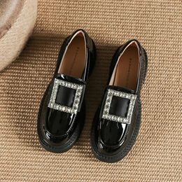 Casual Shoes Thick Bottom Rhinestone Buckle Leather Woman British Style Japanned Derby Flats Round Toe Platform Oxford