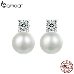 Stud Earrings BAMOER Moissanite 925 Sterling Silver Freshwater Pearl Elegant VVS1 Clarity Lab Created Diamond MSE042