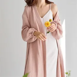 Home Clothing 2024 Women Crepe Cotton Sleep Robe Full Sleeve Long Bathrobe With Belt Soft Casual Sleepwear Breathable Pyjamas Loungewear