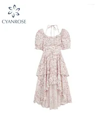 Party Dresses Women's Flower Print A-line Long Dress Elegant Square Collar Short Sleeve Beach Vintage Y2k One Piece Frocks 2000s Clothes