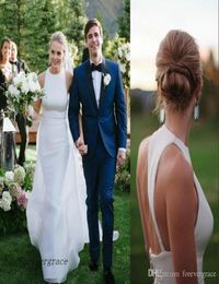 2019 Plain Simple Satin Backless Summer Wedding Dress Modern Sheath Halter Neck Long Western Garden Beach Bridal Gown Custom Made 7670825