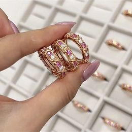 Light Luxury European and American Style Cross Full Diamond Open Ring for Women with Sapphire Set in Pink Crystal Exquisite Fashion Ring