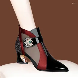 Sandals 2024 Summer Mesh Breathable With Rhinestone Decoration Shaped Heels Retro British Style Leather Boots Women