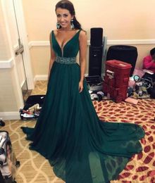 Emerald Green Cheap Evening Dresses 2019 Long With Sash Beads Sequins A Line Deep V Neck Formal Prom Gowns9624025