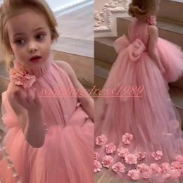 Dresses Handade Rose High Low Flower Girls Dresses Bow Pink Tulle Little First Communion Dress Kids Infant toddler Party Dress Girls Pagea