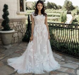 2020 Aline Modest Wedding Dresses With Cap Sleeves Lace V Neck Romantic Country Western Champagne Bridal Gowns Custom Made New Sa5442185