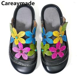 Slippers Careaymade-Folk Style Genuine Leather Width Summer Flat Bottom Black Retro High Heel Ethnic Fish Mouth Rubber Women's