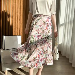 Women Fashion High Waist Printed Skirt Senior Acetic Acid Fibre Satin Womens Spring Summer Light Luxury ALine 240403