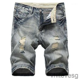 Uomini dritti strappati estate nuovissimi maschi stent short jeans casual streetwear elastico motociclista in denim pantaloncini 29-421 a12q