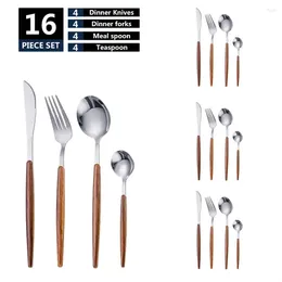 Dinnerware Sets 16Pcs/Set Faux Wood Handle Portugal Steak Knife Fork Spoon Japanese Korean Clip Stainless Steel Cutlery Set