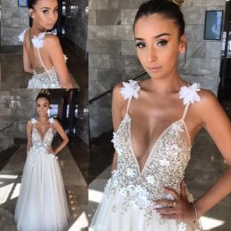 Dresses Spring Beach Wedding Dress Deep V Neck Beading Handmade Flowers Backless Dress Spaghetti Straps Sexy Back Boho Bridal Gowns