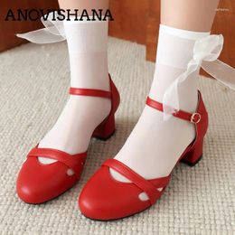 Dress Shoes ANOVISHANA Design Women Pumps Round Toe Chunky Heels 4cm Buckle Strap Pig Split 33 43 Mary Janes Sweet Soft Daily Girls Shoes5