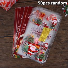 Gift Wrap 50Pcs Christmas Candy Packaging Bag With Ribbon Ties Cookies Baking Xmas Plastic Bags Kids Party Favours Wrapping