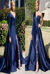 2018 Modest Blue Jumpsuits With Detachable Skirt Two Pieces Evening Dresses One Shoulder Side Slit Pantsuit Celebrity Gowns Party 1759153