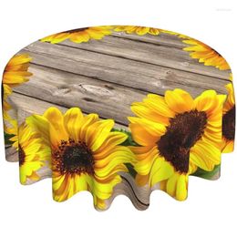 Table Cloth Round 60 Inch Autumn Sunflower On Rustic Wood Grain Tablecloth Waterproof Washable Cover For Outdoor Intdoor