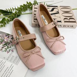 Casual Shoes IPPEUM Pink Satin Ballerina Women Square Toe Buckle Belt Mary Janes 2024 In Ballet Flats