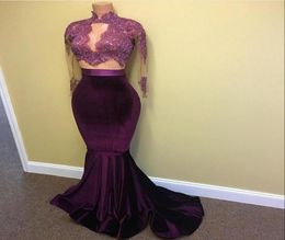 Velvet Two Pieces Prom Dresses Long Lace Appliques Beaded Sheer Long Sleeves Mermaid Evening Gowns Arabic Vestidos Celebrity Party8464767