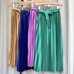 Skirts 2024 High Waist Elegant Stain Women's Pleated With Belted Solid Mi-long Umbrella Skirt Spring Summer