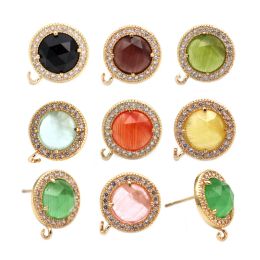 Earrings 6pairs Gold Plated Faceted Round Cats Eye Stone Earrings Post Connectors CZ Paved For DIY Women Fashion Dangle Earrings Making