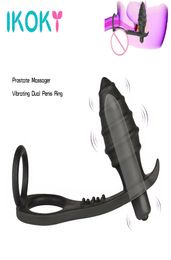 Ikoky Dual Cock Ring Butt Plug Anal Dildo Vibrator Silicone Prostata Massager Vibrator Gspot Adult Products Sex Toys For Men Y1904655037