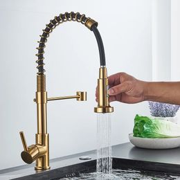 Quyanre Brushed Gold Kitchen Faucet Pull Down Single Handle Mixer Tap 360 Rotation Torneira Cozinha 240325