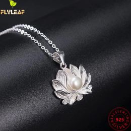 Necklaces Real 925 Sterling Silver Jewelry Freshwater Pearl Lotus Flower Pendant Necklace Women Luxury Femme Popular Accessories 2022 New