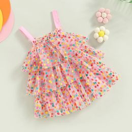 FOCUSNORM 04Y Baby Kids Girls Princess Dress Sleeveless Colorful Dots Print Lace Mesh Layered Sundress 240326