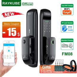 Lock 2022 NEW RAYKUBE FM08 Tuya Wifi Smart Door Lock TT Lock Fingerprint Lock Auto Electronic Biometric Lock for Smart Home