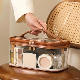 Storage Bags Transparent Cosmetic Bag With Handle Large Capacity Water-Resistant Double Layer Makeup Toiletry Zipper