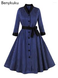 Casual Dresses Navy Blue Striped Single Breasted Belted Vintage Party Dress Contrast Collar 3/4 Length Sleeve Fall For Women Clothes