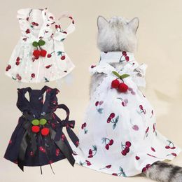 Dog Apparel 1 Set Stylish Pet Wedding Dress Breathable Comfortable Cherry Print Cat Princess Skirt With Necktie Up