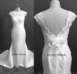 Real Po Short Sleeves Backless Satin Sexy Mermaid Wedding Dresses Boat Neck Slim Waist Lace Appliques Flower Bride Dress Vestid3206196