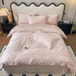 Bedding Sets Pink Rose Egyptian Cotton Exquisite Embroidery Set Duvet Cover Linen Fitted Sheet Pillowcases Home Textile