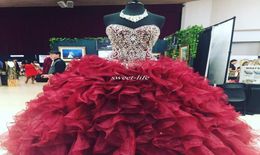 Crystal Beaded Sweetheart Bodice Corset Organza Ruffles Ball Gowns Quinceanera Dresses 2020 Burgundy Vestidos De 15 Anos Sweet 16 7902855