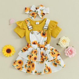 Clothing Sets Born Infant Baby Girls Summer 3PCS Short Sleeve Romper Tops Floral Suspender Skirt Headband