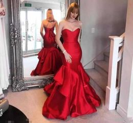 2018 New Sexy Red Prom Dresses Strapless Back Laceup Sweep Train Formal Prom Gowns Mermaid Summer Sleeveless Party Evening Gowns4712522