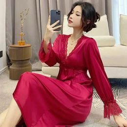 Women's Sleepwear 60010-6 Pajamas Women Spring With Chest Pads Long Ice And Snow Silk Lace Nightdress Retro Solid Color Fairy Home Service