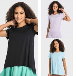 Lu Align T-Shirt Align Women's Long Length Short Sleeve Shirt Women Round Neck Gym Sport Lemons Top Hollow Slit Fitness T-shirt Loose Lemon Woman Lady