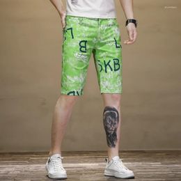 Men's Jeans Summer Thin In Green Stretch Personality Printed Middle Pants Slim Fit Fashion Straight Casual Cropped Beach