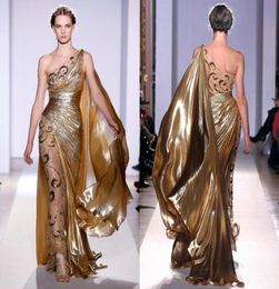 Zuhair Murad Haute Couture Appliques Gold Evening Dresses 2021 Long Mermaid One Shoulder with Appliques Sheer Vintage Pageant Prom3786500