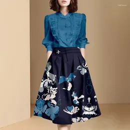 Work Dresses European And American High-end Retro Blue Print Set Spring Women's Clothing French Feeling Two Piece Skirt