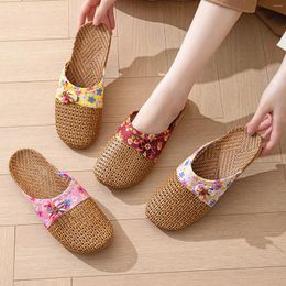 Slippers Summer Women Wooden Floor Silent Non-Slip Rattan Grass Cool Indoor Linen Home Fashion Patchwork