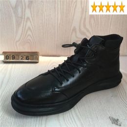 Casual Shoes Mens Genuine Leather Active High-Top Cowhide Round Toe Elastic Band Breathable Waterproof Outdoor Black Warm