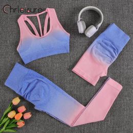 Outfit Chrleisure Yoga Set High Waist Leggings Seamless Tops Workout Sportswear Fiess Gradient Purple Yoga Pants Women's Tracksuit