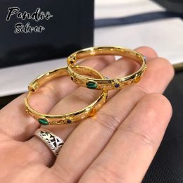 Earrings High Quality S925 Sterling Silver Original Jewellery Yellow Silver Large Multicolor Stone Hoop Earrings For Women Gift With