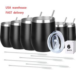 USA warehouse6 Pack 12oz Wine Coffee Tumbler With Lid And Metal Straw Cup Vacuum Insulated Double Wall Mug For Gift 240326