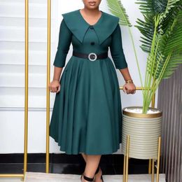 Casual Dresses Elegant Office Dress For Women Midi With Sleeve O Neck Turn Down Collar Three Quarter Belt Waisted Mid Calf Formal Work OL